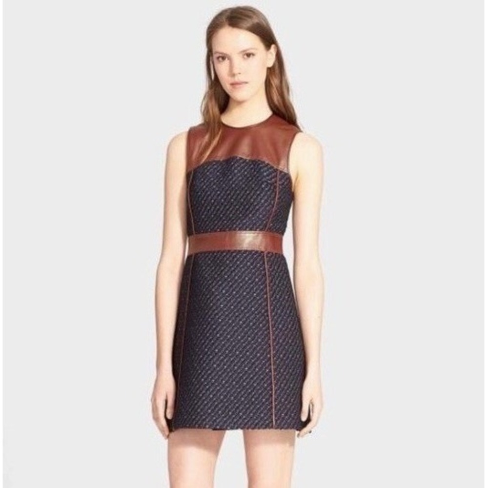 THEORY Calvino Mixed Media Tweed Lamb‎ Leather Dress Brown Blue Fit and Flare 6
